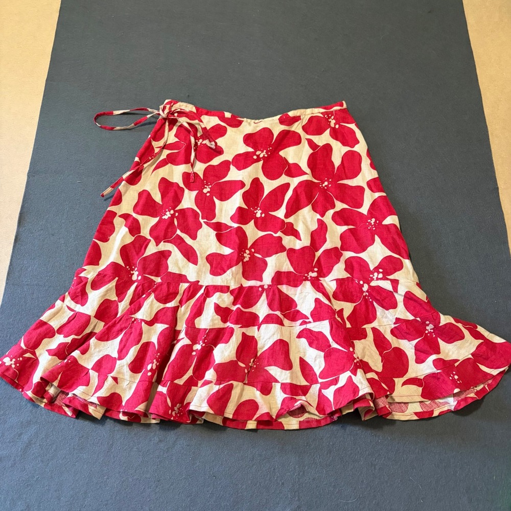 Putumayo Floral Linen Ruffle Skirt Womens M Print Floral Red Cream Core Tropical